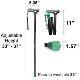 Vaunn Medical Easy Grip™ Height Adjustable Folding Cane/Walking Stick with Strap/Pouch- Compact, Portable, and Safe Walking Assistant- Non-Slip Grip Handle- Glow Tip