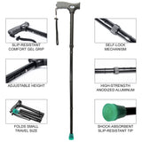 Vaunn Medical Easy Grip™ Height Adjustable Folding Cane/Walking Stick with Strap/Pouch- Compact, Portable, and Safe Walking Assistant- Non-Slip Grip Handle- Glow Tip